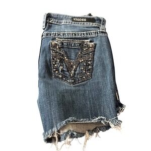 Vigoss Womens Denim Shorts Embellished Rhinestone Distressed Frayed Hem Size 5/6